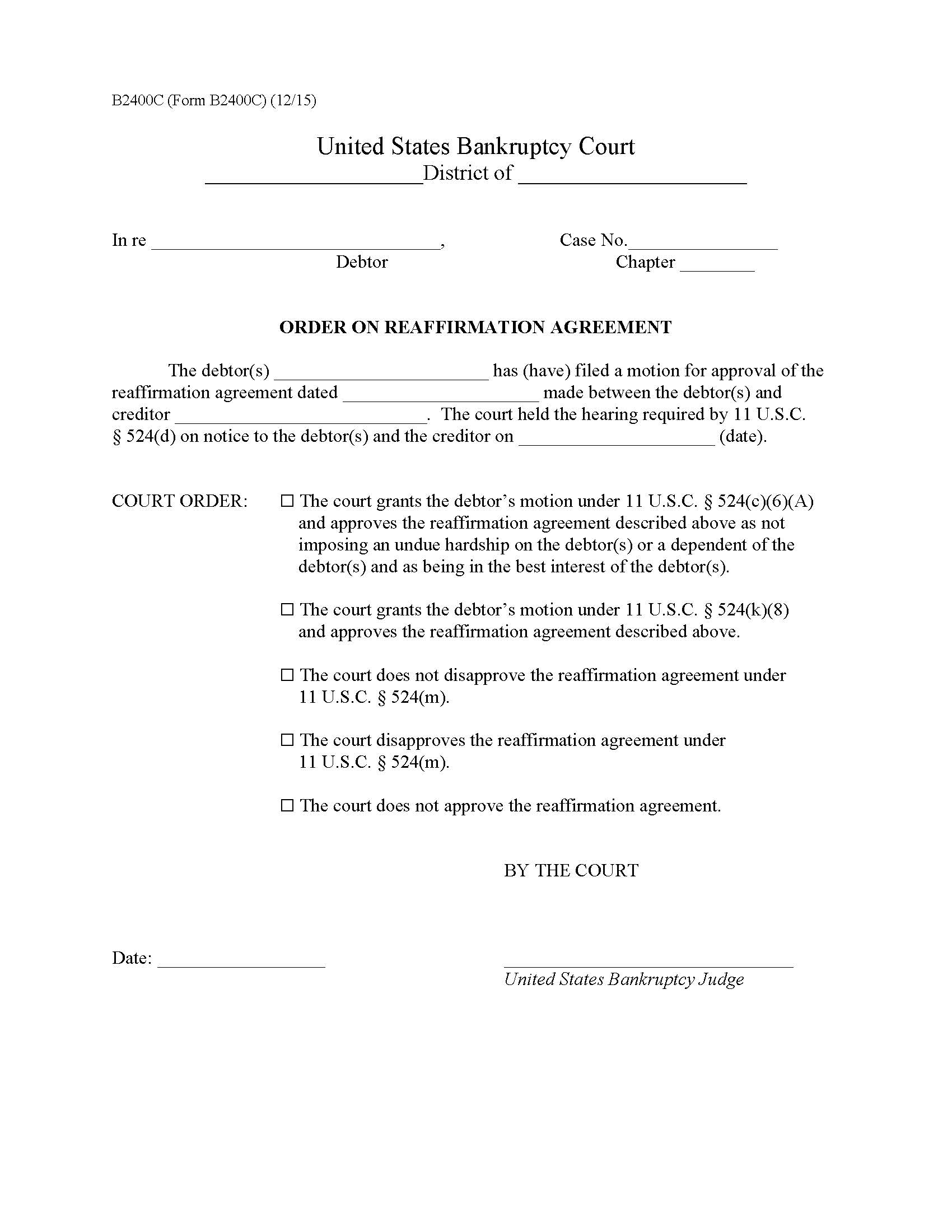 Order On Reaffirmation Agreement {B2400C} | Pdf Fpdf Doc Docx | Official Federal Forms