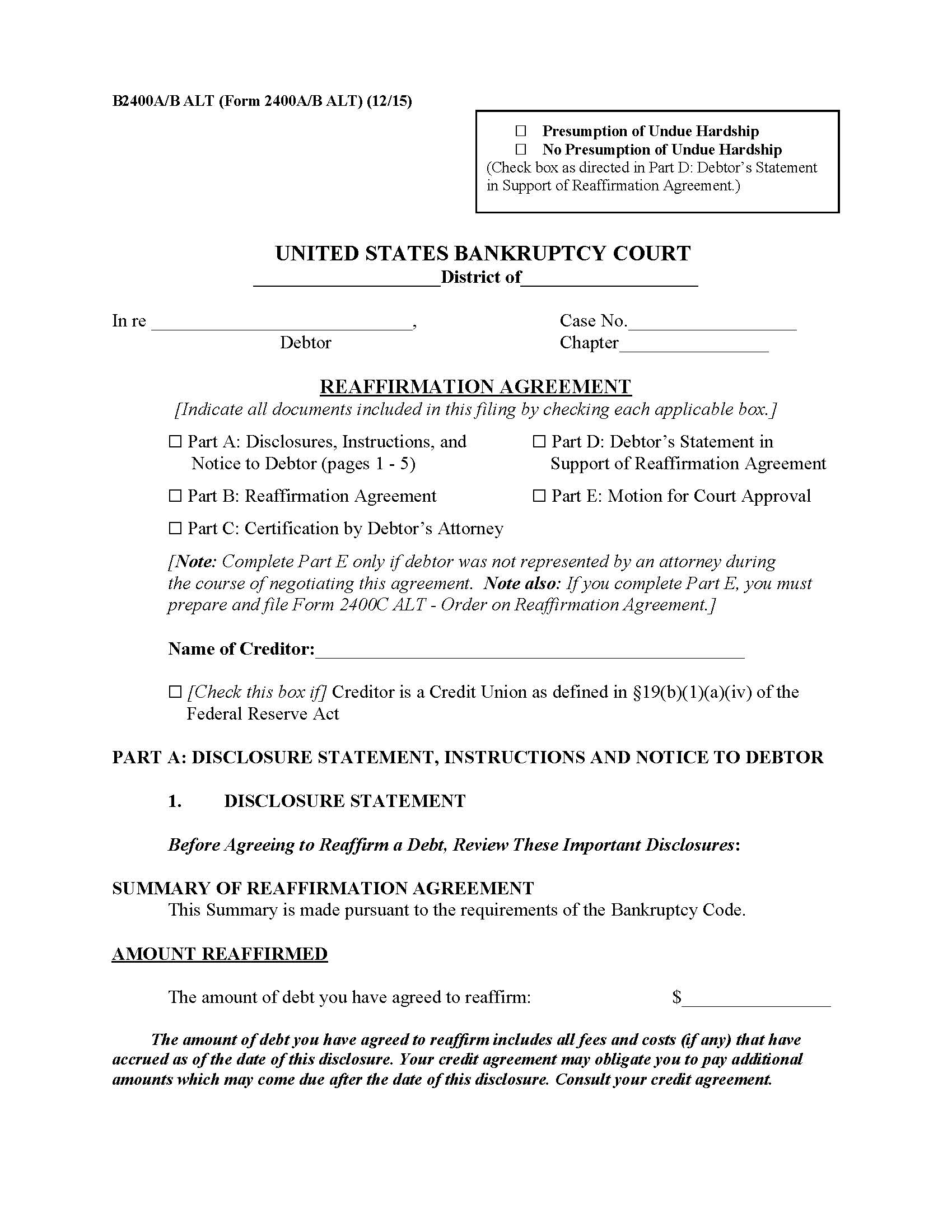 Reaffirmation Agreement {B2400A-B ALT} | Pdf Fpdf Doc Docx | Official Federal Forms