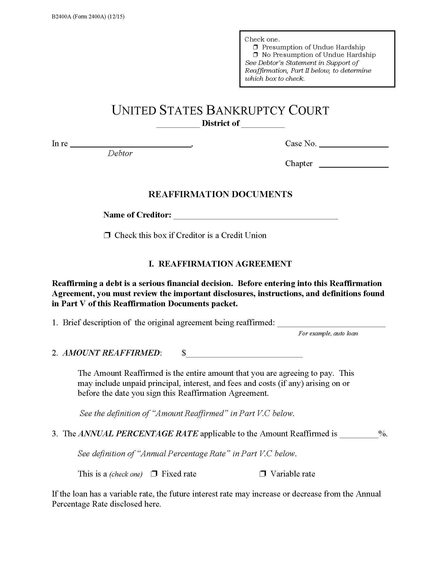 Reaffirmation Documents {B2400A} | Pdf Fpdf Doc Docx | Official Federal Forms
