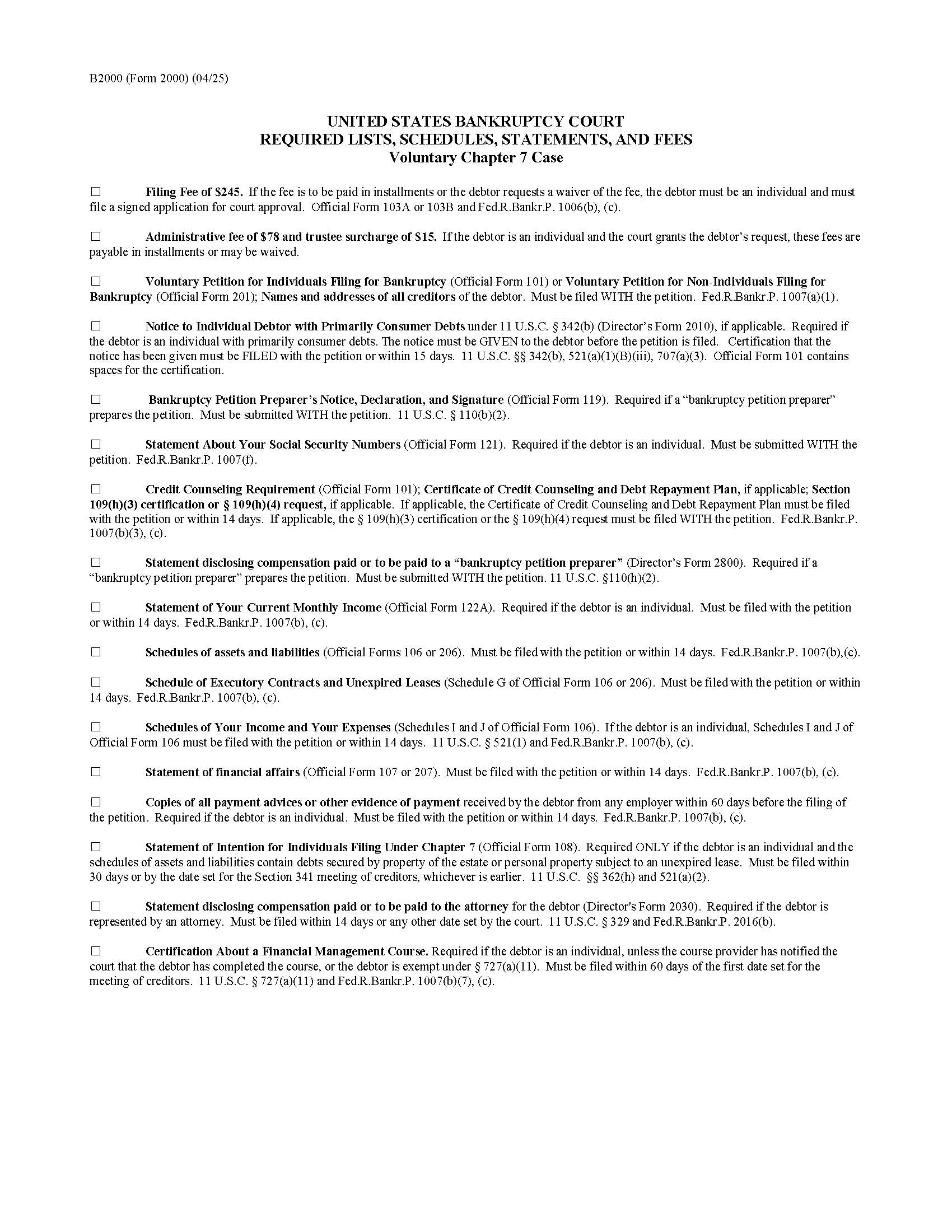 Required Lists Schedules Statements And Fees {B2000} | Pdf Fpdf Docx | Official Federal Forms