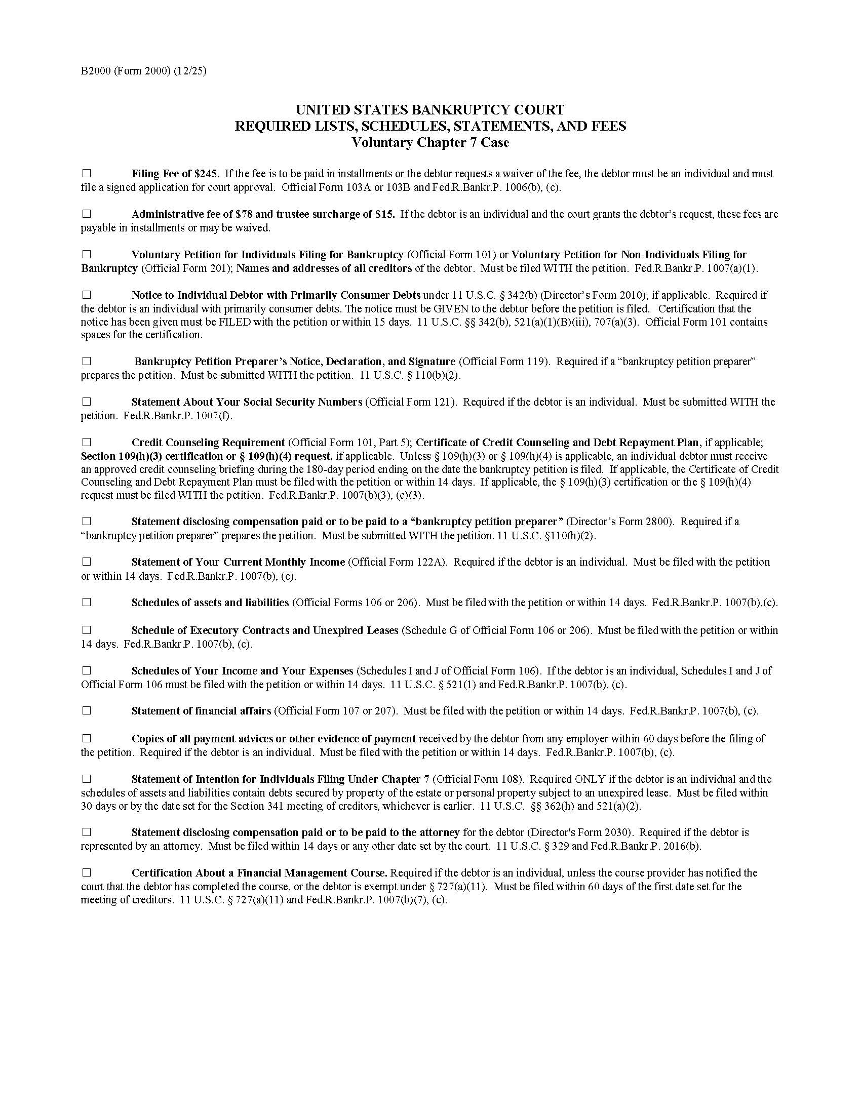 Required Lists Schedules Statements And Fees {B2000} | Pdf Fpdf Docx | Official Federal Forms