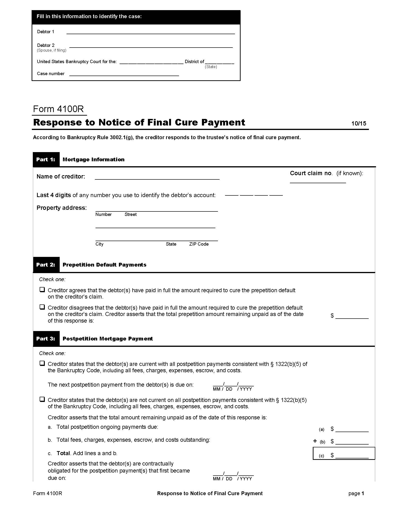 Response To Notice Of Final Cure Payment {B4100R} | Pdf Fpdf Doc Docx | Official Federal Forms