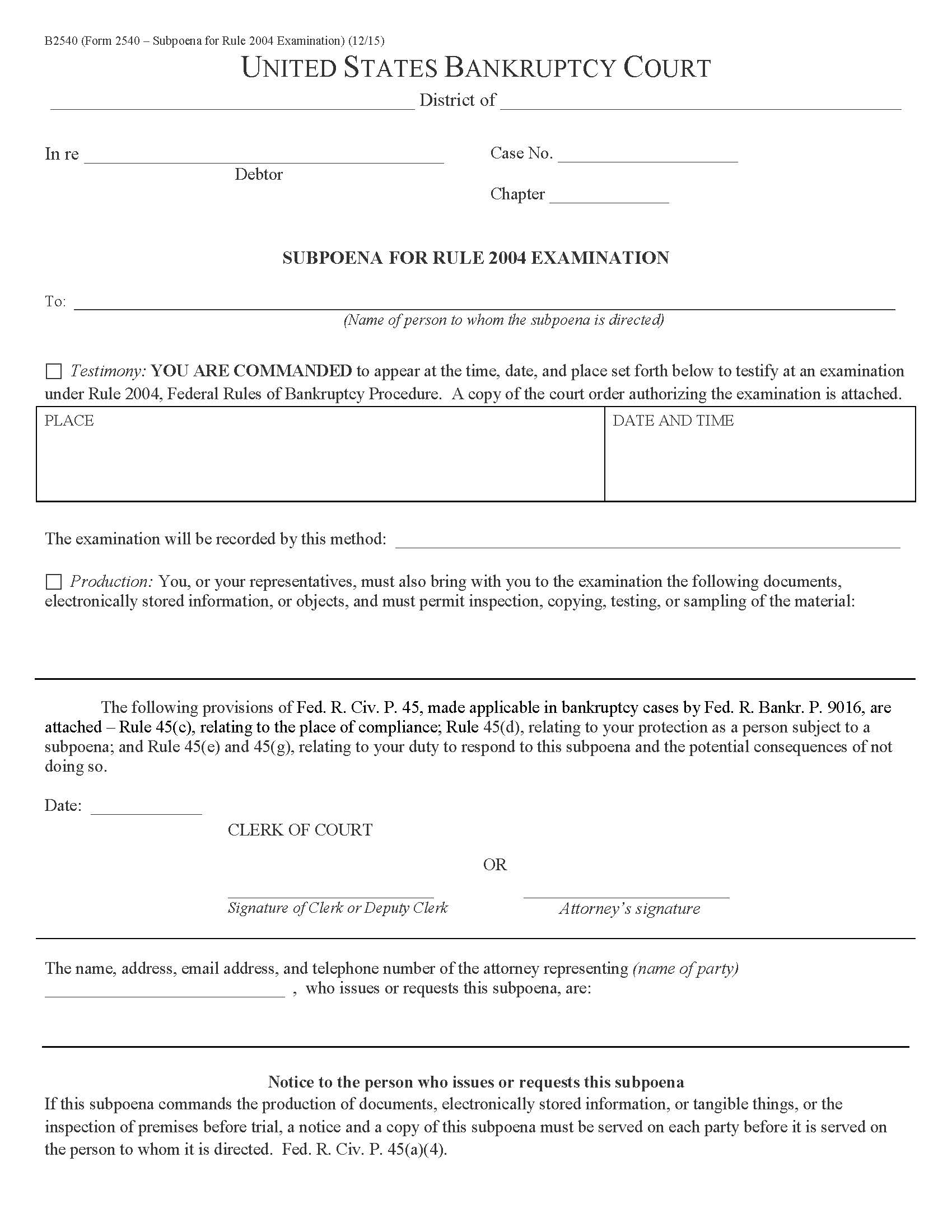 Subpoena For Rule 2004 Examination {B2540} | Pdf Fpdf Doc Docx | Official Federal Forms