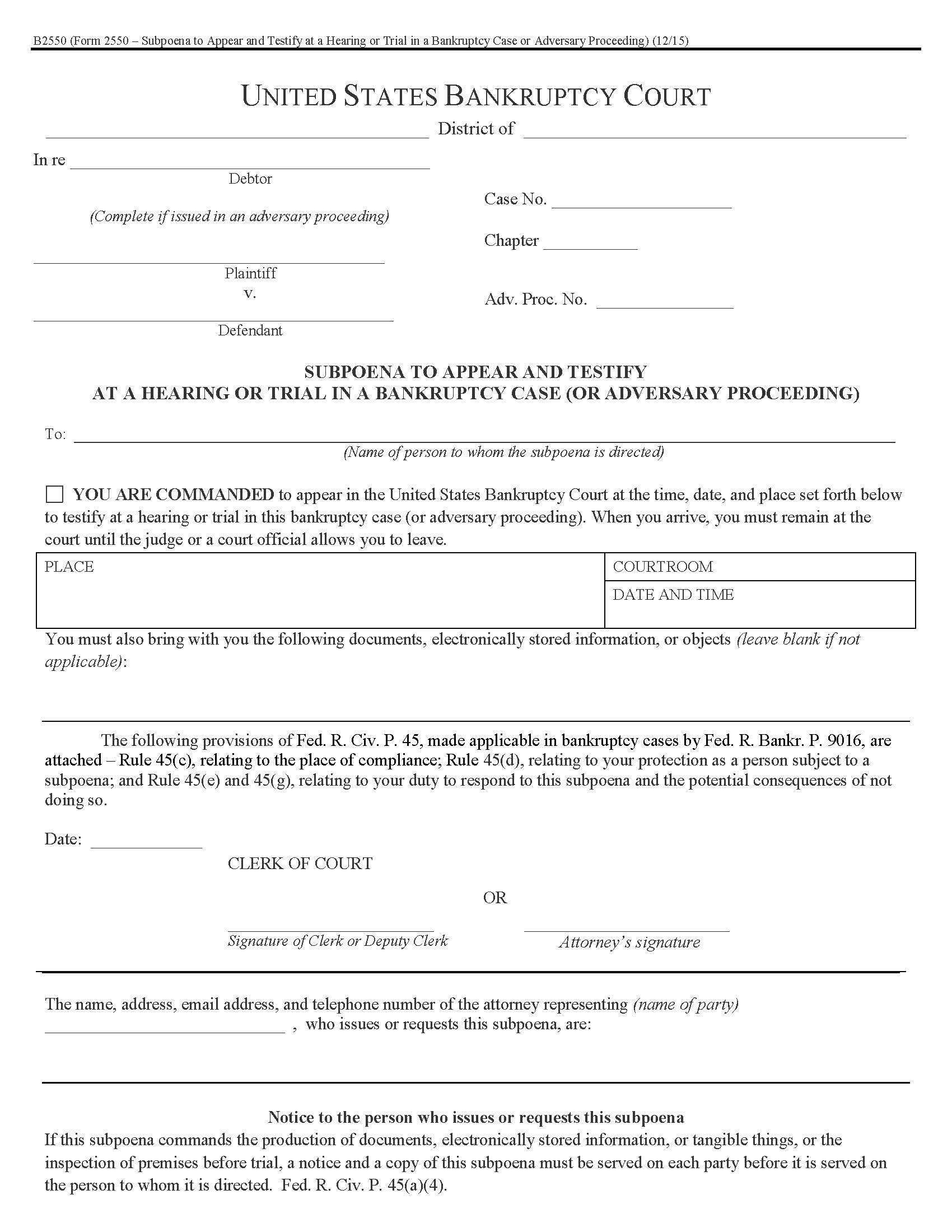 Subpoena To Appear And Testify At A Hearing Or Trial {B2550} | Pdf Fpdf Doc Docx | Official Federal Forms