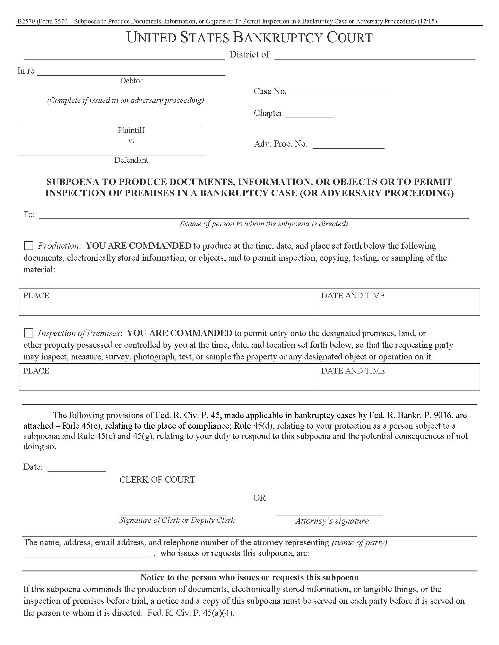 Subpoena To Produce Documents Information Or Objects {B2570} | Pdf Fpdf Doc Docx | Official Federal Forms