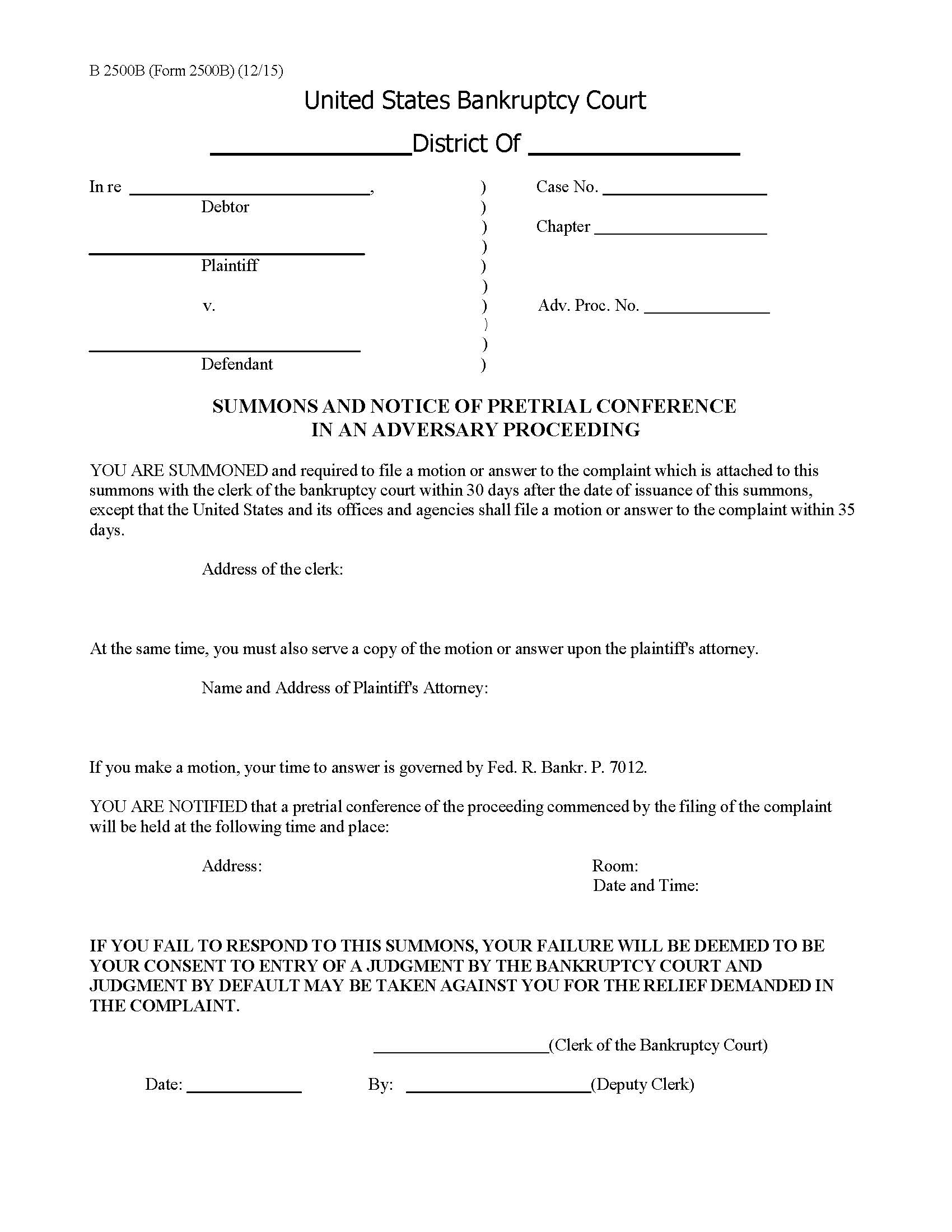 Summons And Notice Of Pretrial Conference In An Adversary Proceeding {B2500B} | Pdf Fpdf Doc Docx | Official Federal Forms
