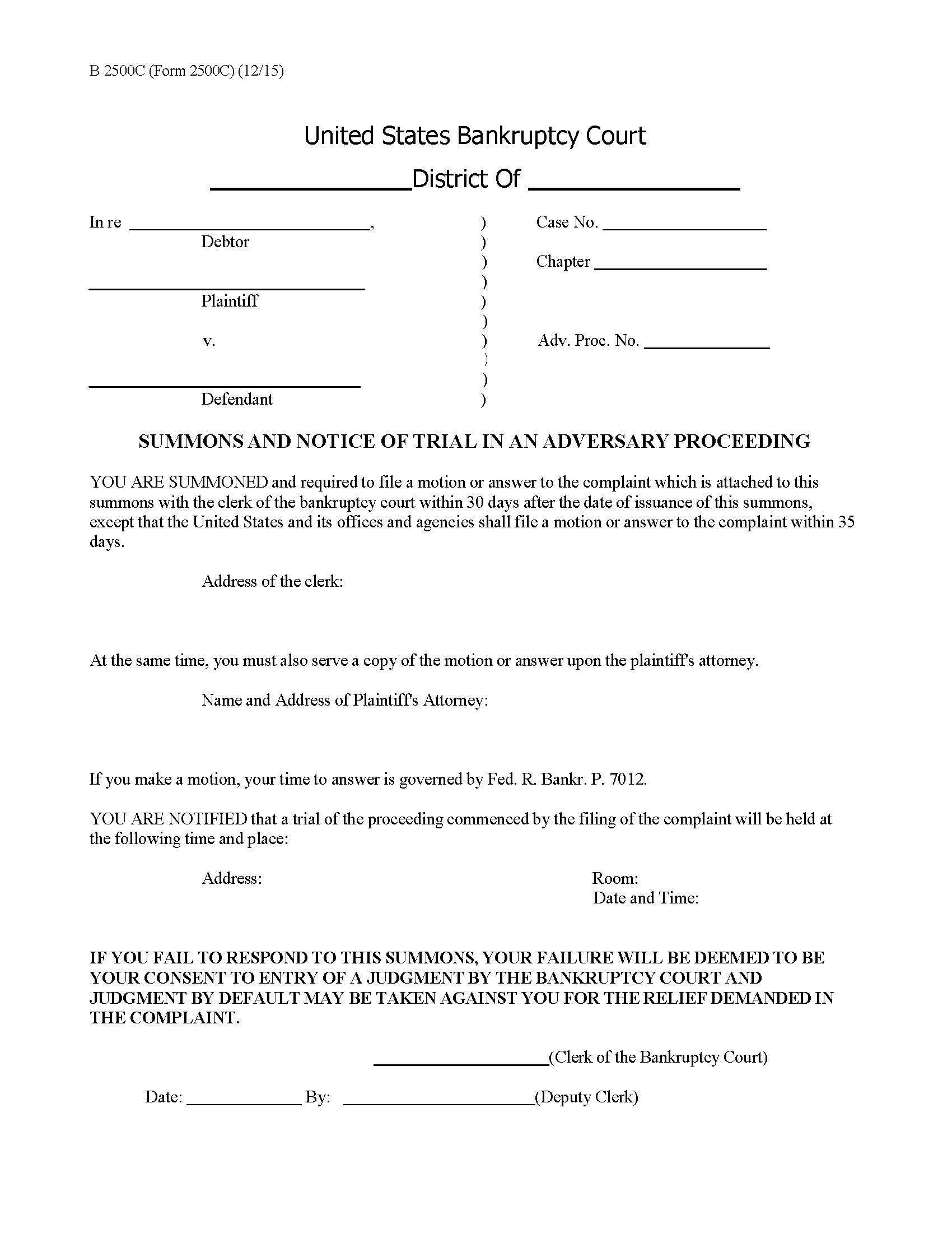 Summons And Notice Of Trial In An Adversary Proceeding {B2500C} | Pdf Fpdf Doc Docx | Official Federal Forms