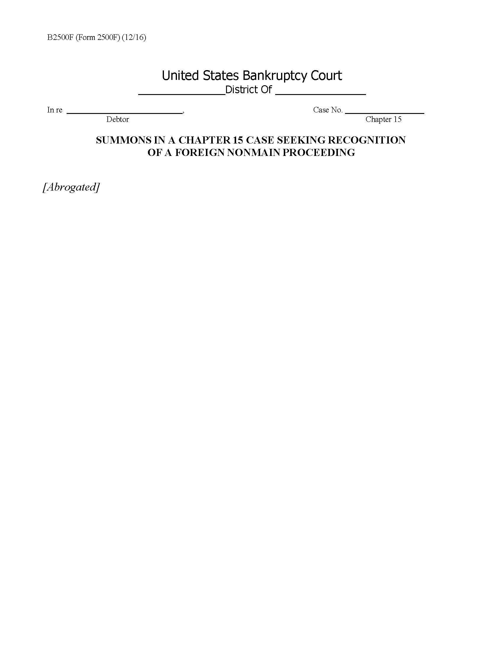 Summons In A Chapter 15 Case Seeking Recognition {B2500F} | Pdf Fpdf Doc Docx | Official Federal Forms
