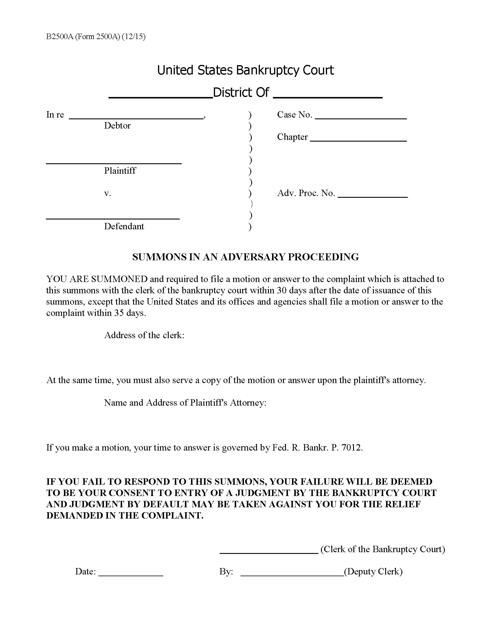 Summons In An Adversary Proceeding {B2500A} | Pdf Fpdf Doc Docx | Official Federal Forms