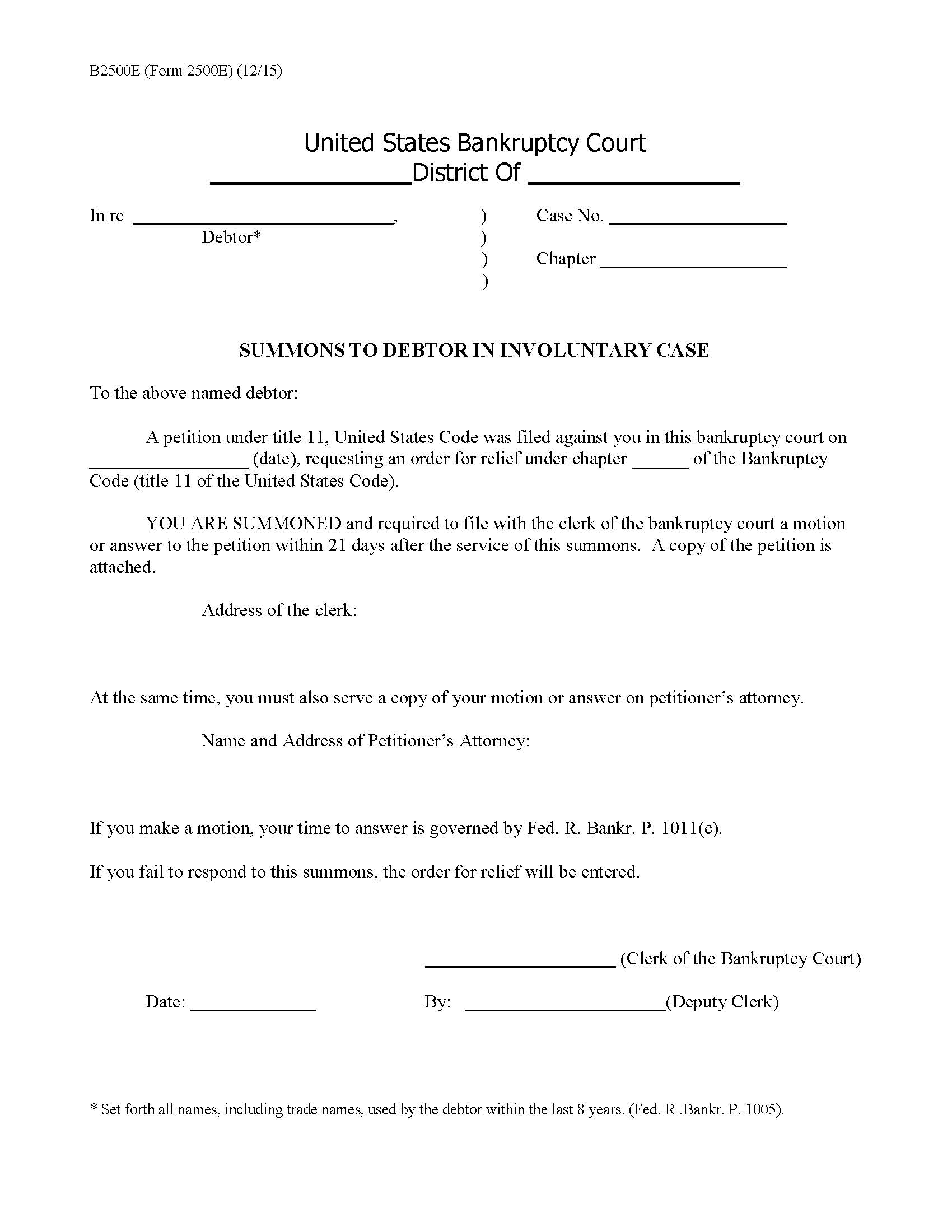 Summons To Debtor In Involuntary Case {B2500E} | Pdf Fpdf Doc Docx | Official Federal Forms