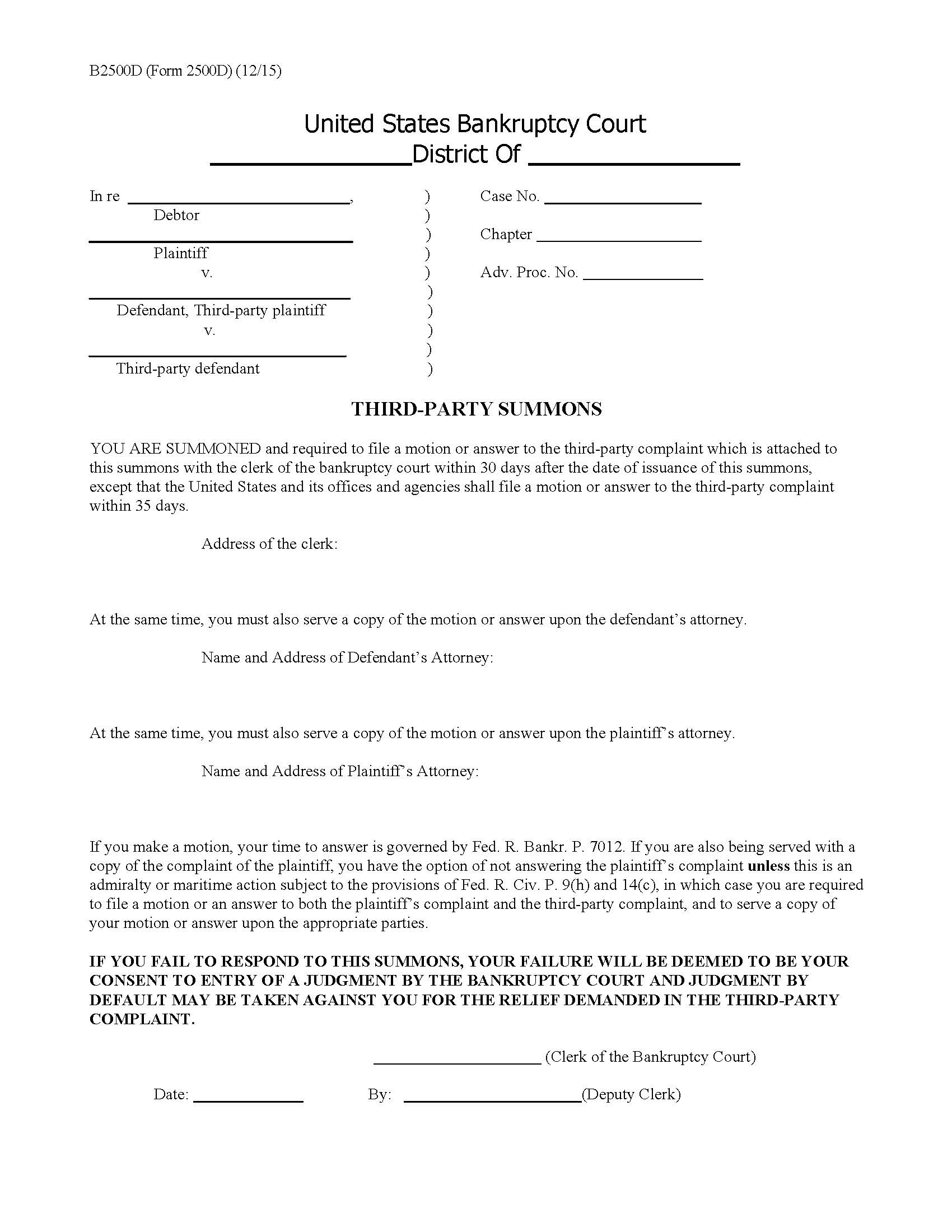 Third-Party Summons {B2500D} | Pdf Fpdf Doc Docx | Official Federal Forms
