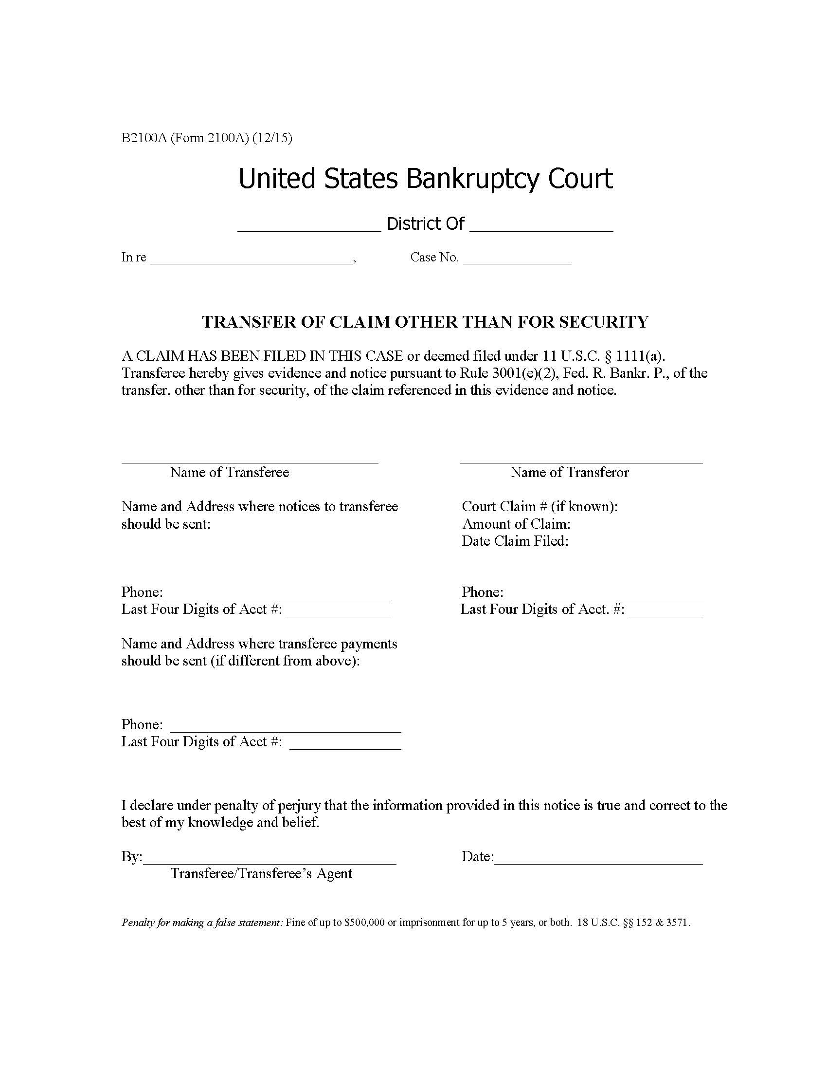 Transfer Of Claim Other Than For Security {B2100A} | Pdf Fpdf Doc Docx | Official Federal Forms