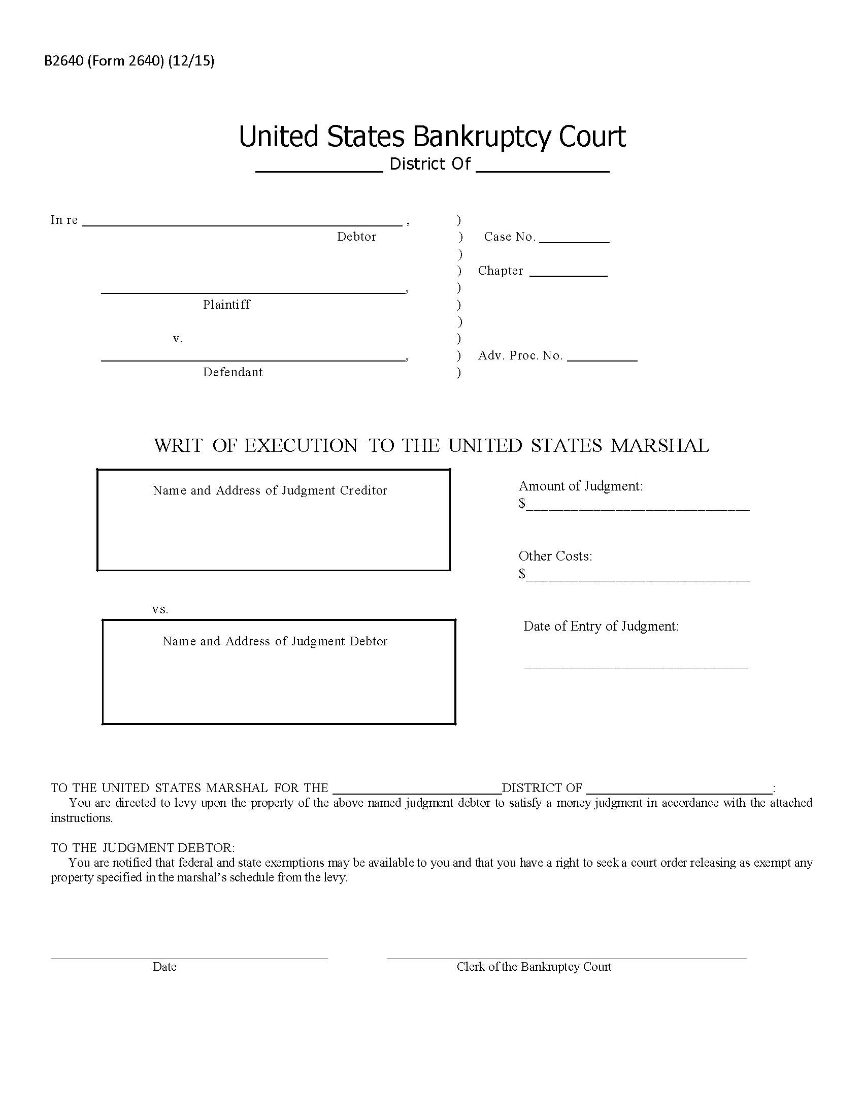 Writ Of Execution To The United States Marshal {B2640} | Pdf Fpdf Doc Docx | Official Federal Forms