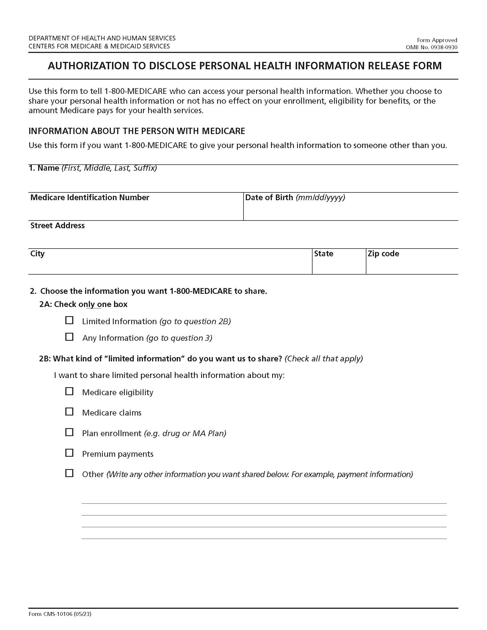 1 800 Medicare Authorization To Disclosure Personal Health Information {CMS 10106} | Pdf Fpdf Docx | Official Federal Forms