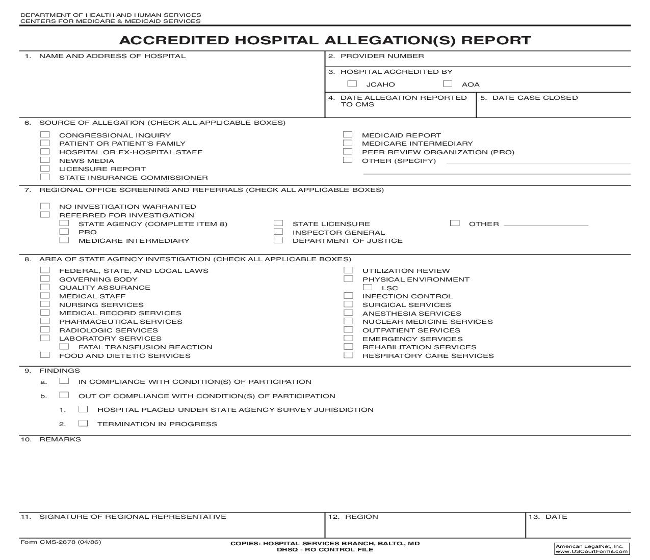 Accredited Hospital Allegation(s) Report {CMS-2878} | Pdf Fpdf Doc Docx | Official Federal Forms