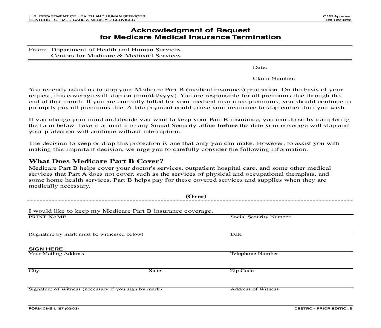 Acknowledgment Of Request For Medicare Medical Insurance Termination {CMS-L457} | Pdf Fpdf Doc Docx | Official Federal Forms
