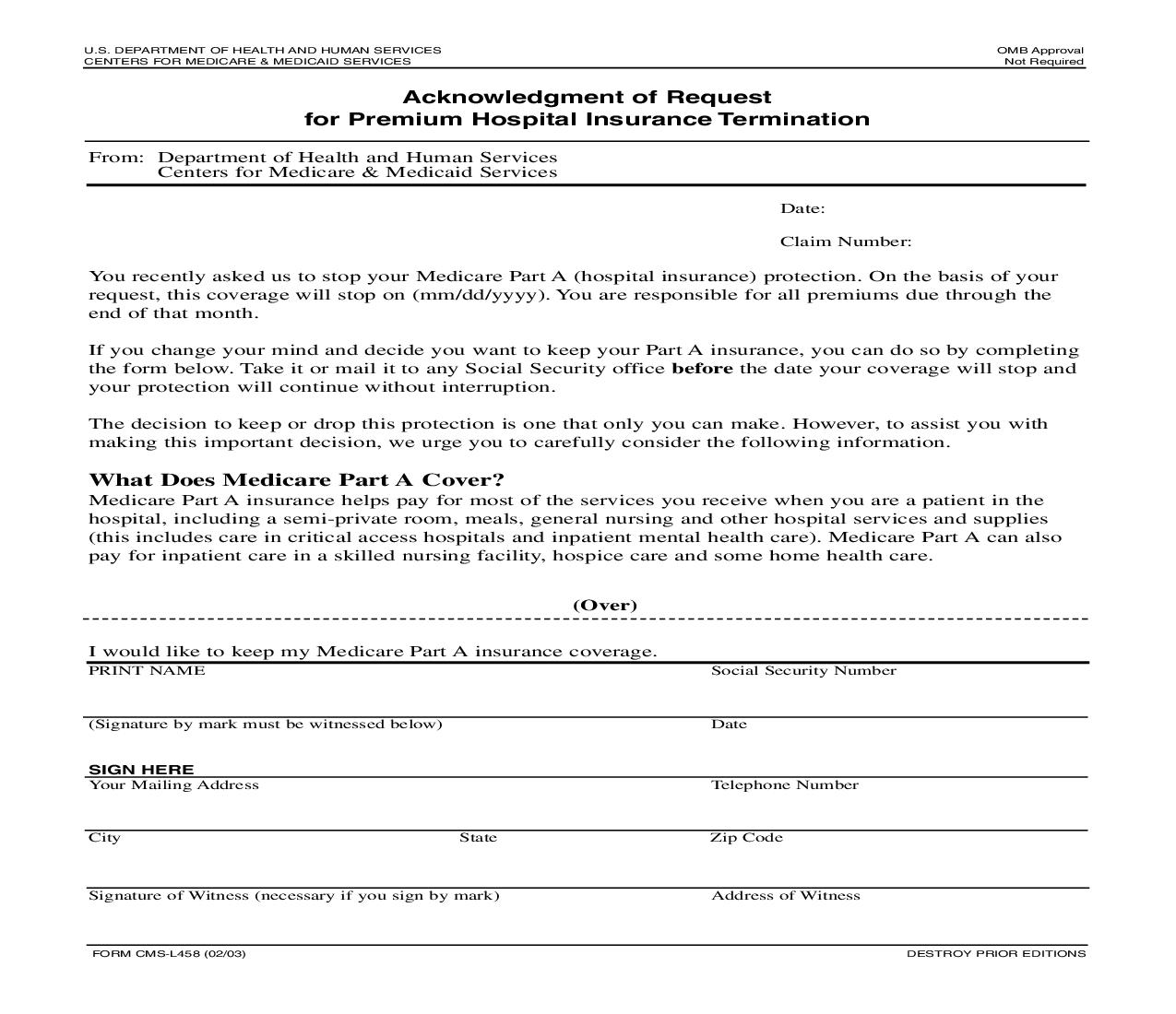 Acknowledgment Of Request For Premium Hospital Insurance Termination {CMS-L458} | Pdf Fpdf Doc Docx | Official Federal Forms