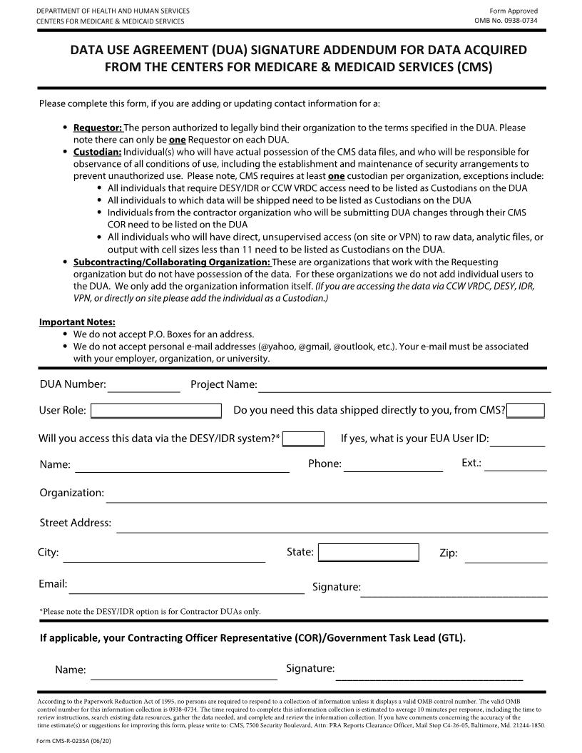 Addendum To Data Use Agreement (DUA) {CMS-R-0235A} | Pdf Fpdf Doc Docx | Official Federal Forms