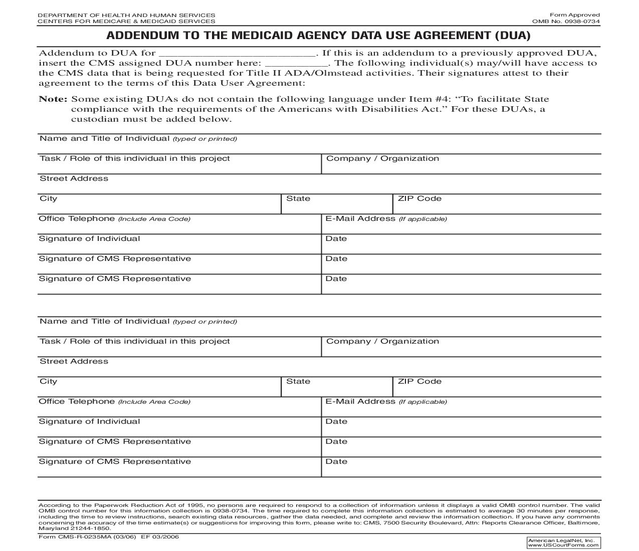 Addendum To The Medicaid Agency Data Use Agreement (DUA) {CMS-R-0235MA} | Pdf Fpdf Doc Docx | Official Federal Forms
