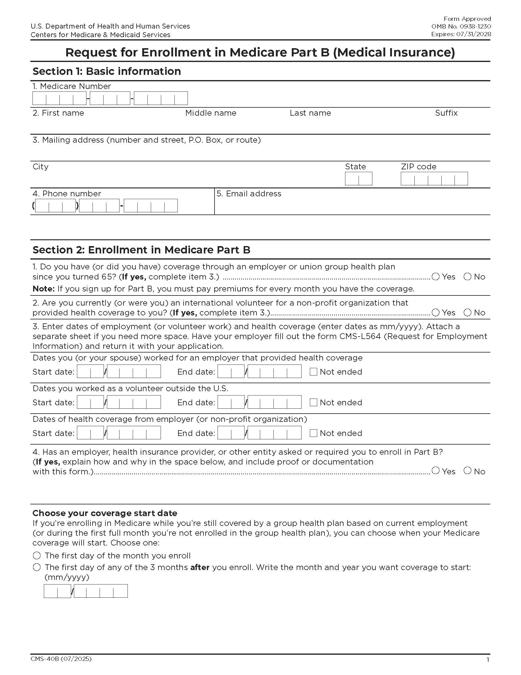 Application For Enrollment In Medicare-Part B (Medical Insurance) {CMS-40B} | Pdf Fpdf Docx | Official Federal Forms