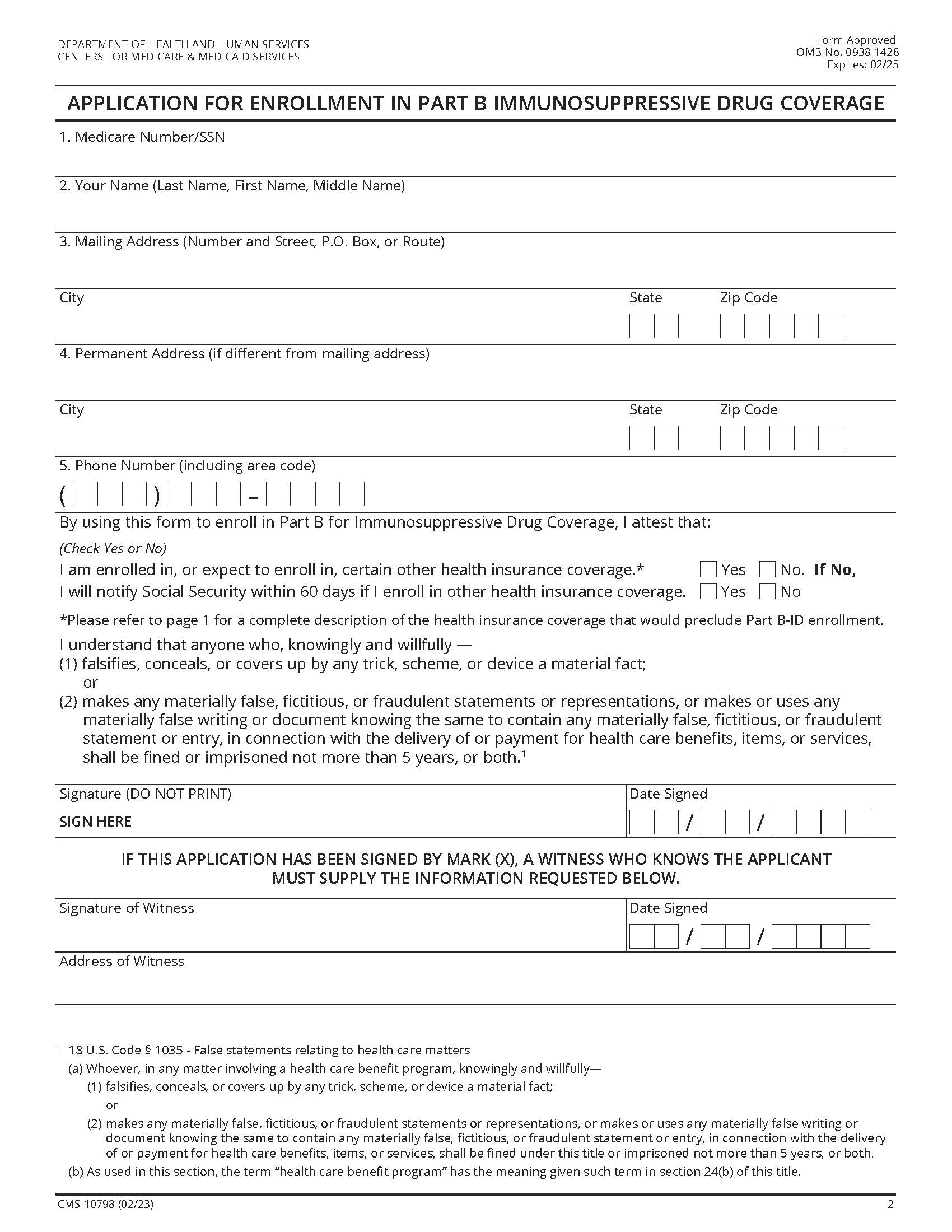 Application For Enrollment In Part B Immunosuppressive Drug Coverage {CMS-10798} | Pdf Fpdf Docx | Official Federal Forms