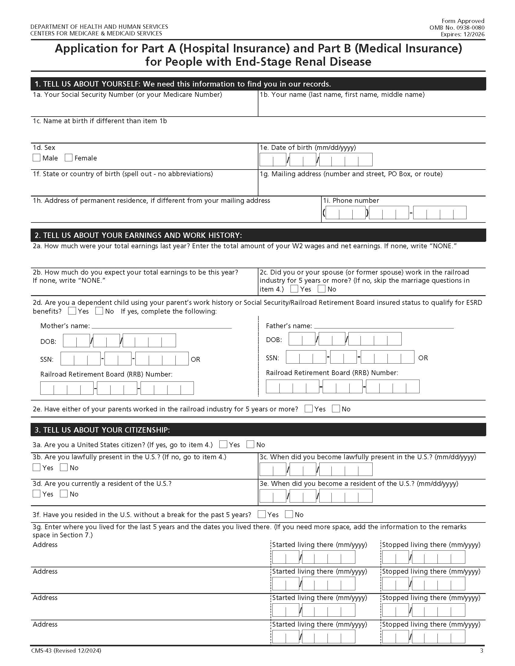 Application For Hospital Insurance Benefits For Individuals With End Stage Renal Disease {CMS-43} | Pdf Fpdf Docx | Official Federal Forms