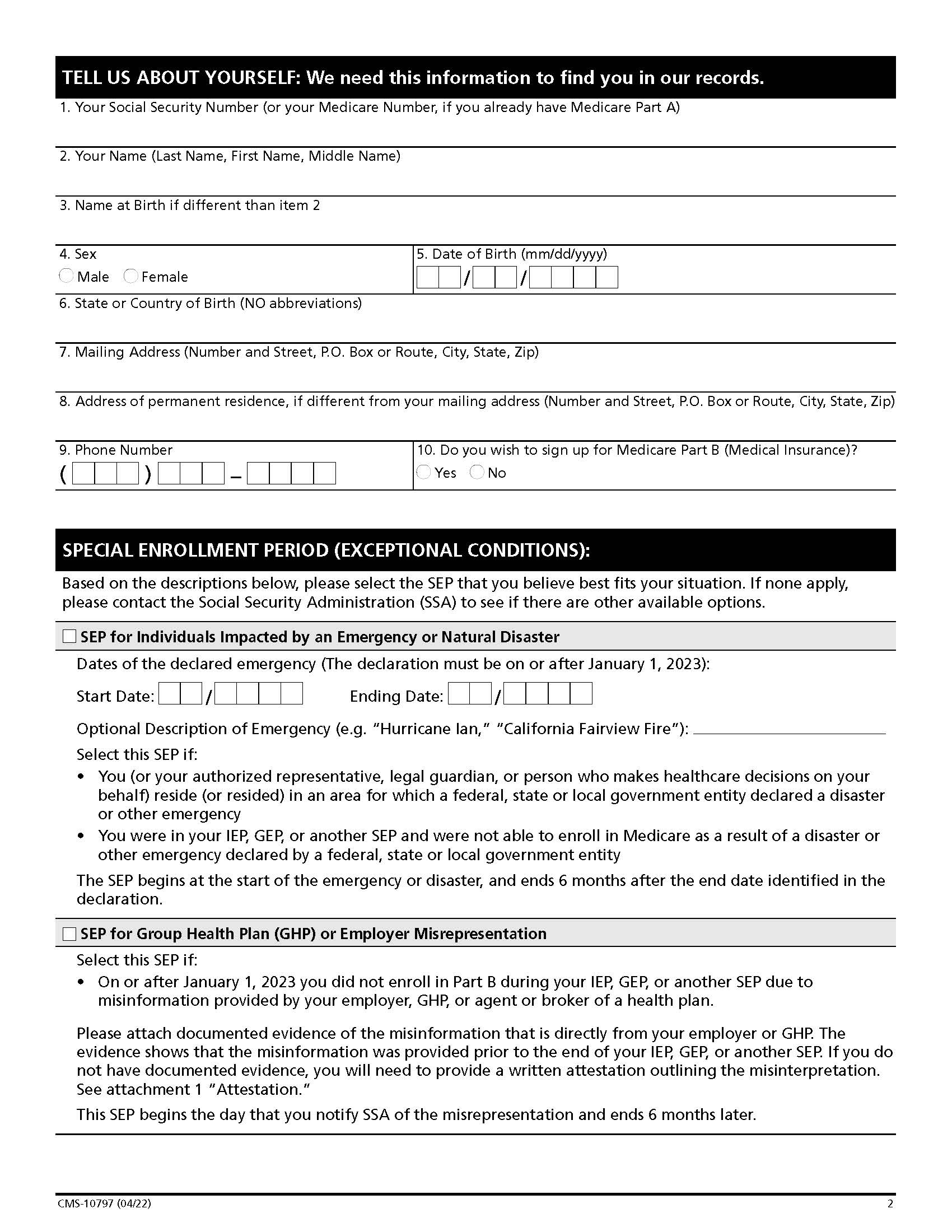 Application For Medicare Part A And Part B Special Enrollment {CMS-10797} | Pdf Fpdf Docx | Official Federal Forms