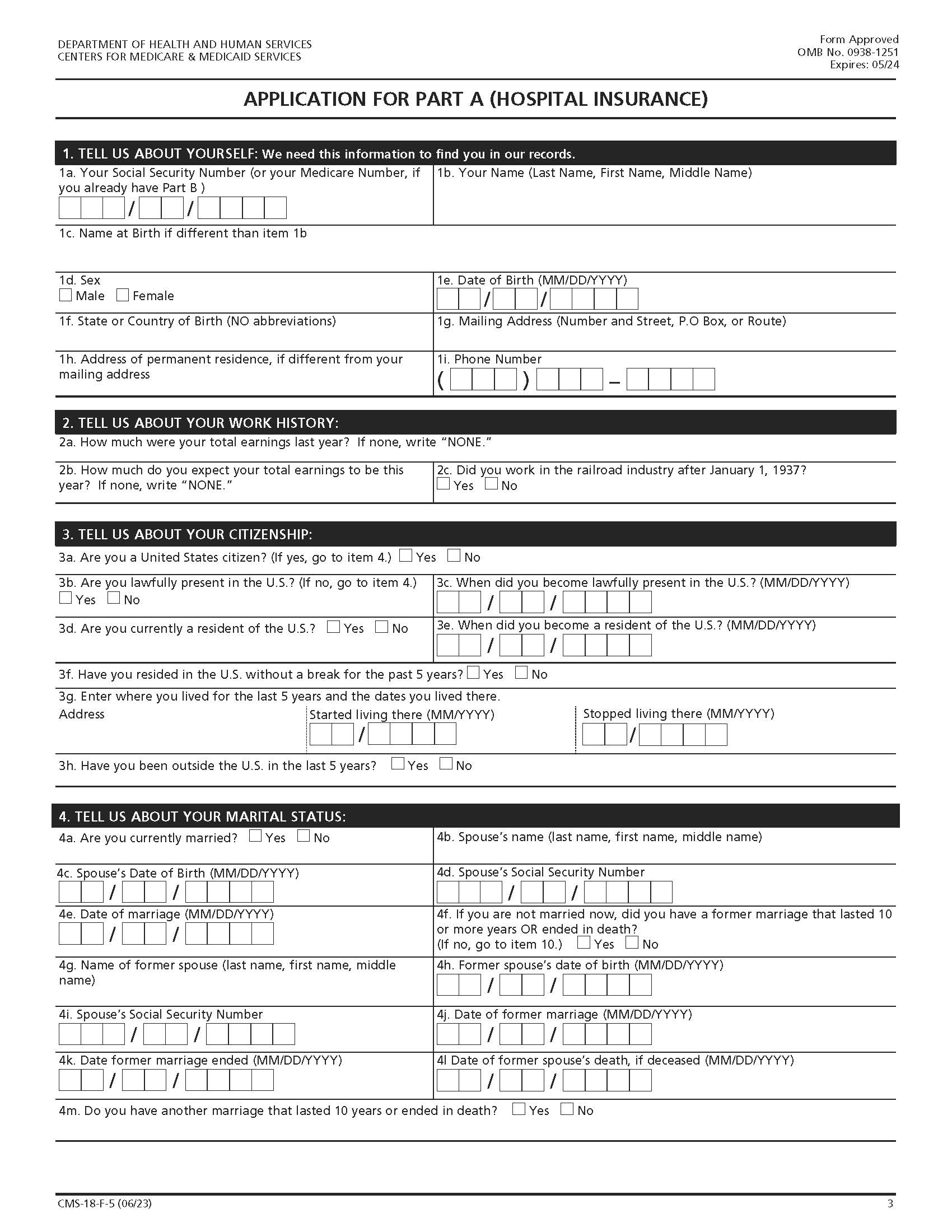 Application For Part A (Hospital Insurance) {CMS-18-F-5} | Pdf Fpdf Docx | Official Federal Forms