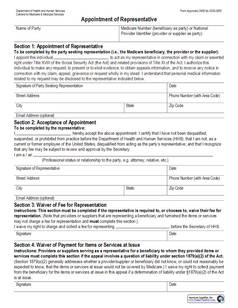Appointment Of Representative {CMS-1696} | Pdf Fpdf Docx | Official Federal Forms