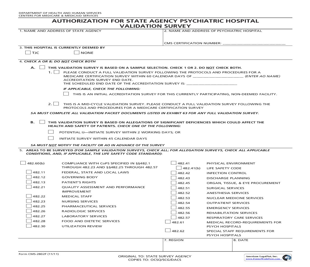 Authorization For State Agency Psychiatric Hospitall Validation Survey {CMS-2802F} | Pdf Fpdf Doc Docx | Official Federal Forms