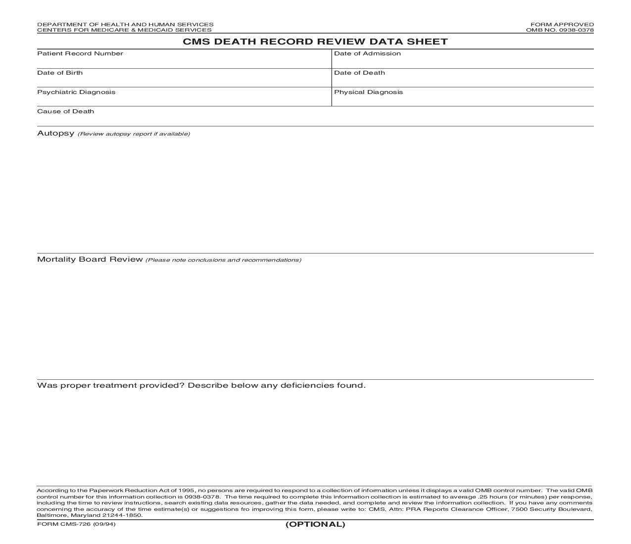CMS Death Record Review Data Sheet {CMS-726} | Pdf Fpdf Doc Docx | Official Federal Forms