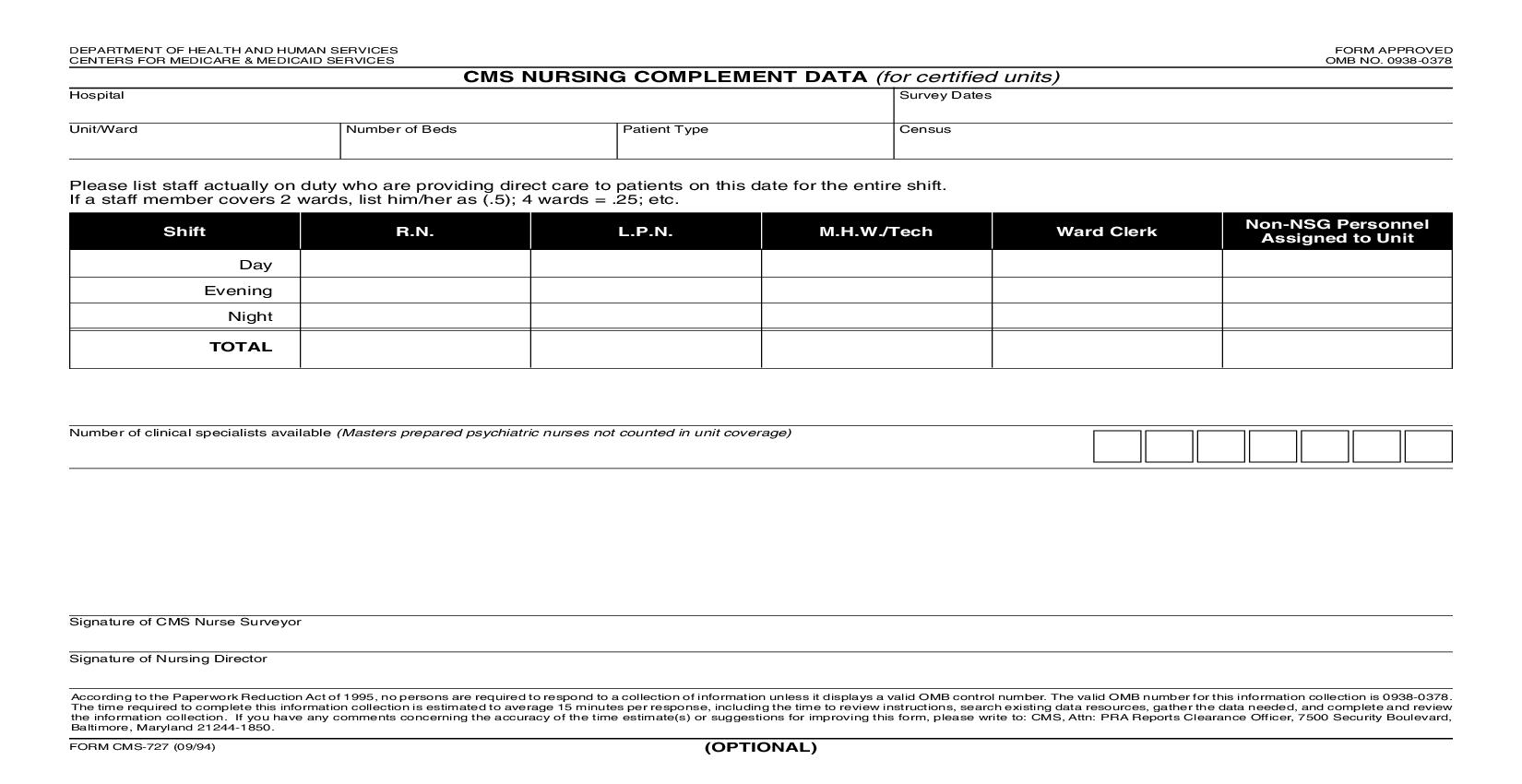 CMS Nursing Complement Data {CMS-727} | Pdf Fpdf Doc Docx | Official Federal Forms
