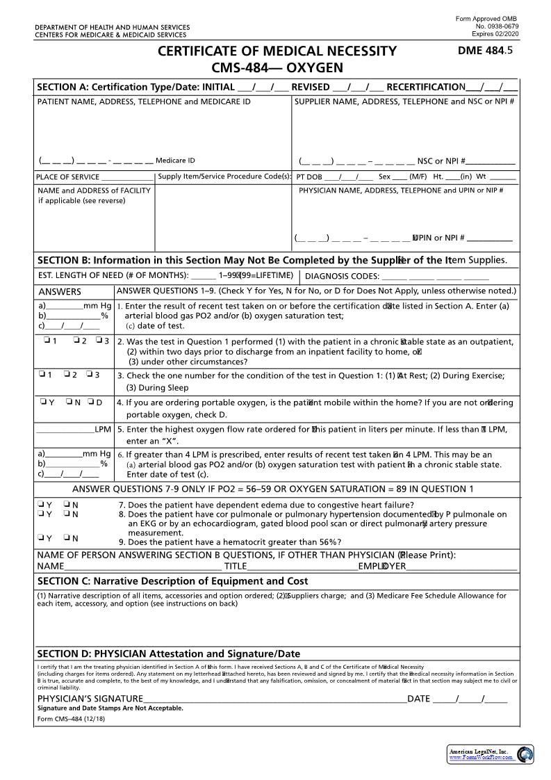 Certificate Of Medical Necessity {CMS-484} | Pdf Fpdf Docx | Official Federal Forms