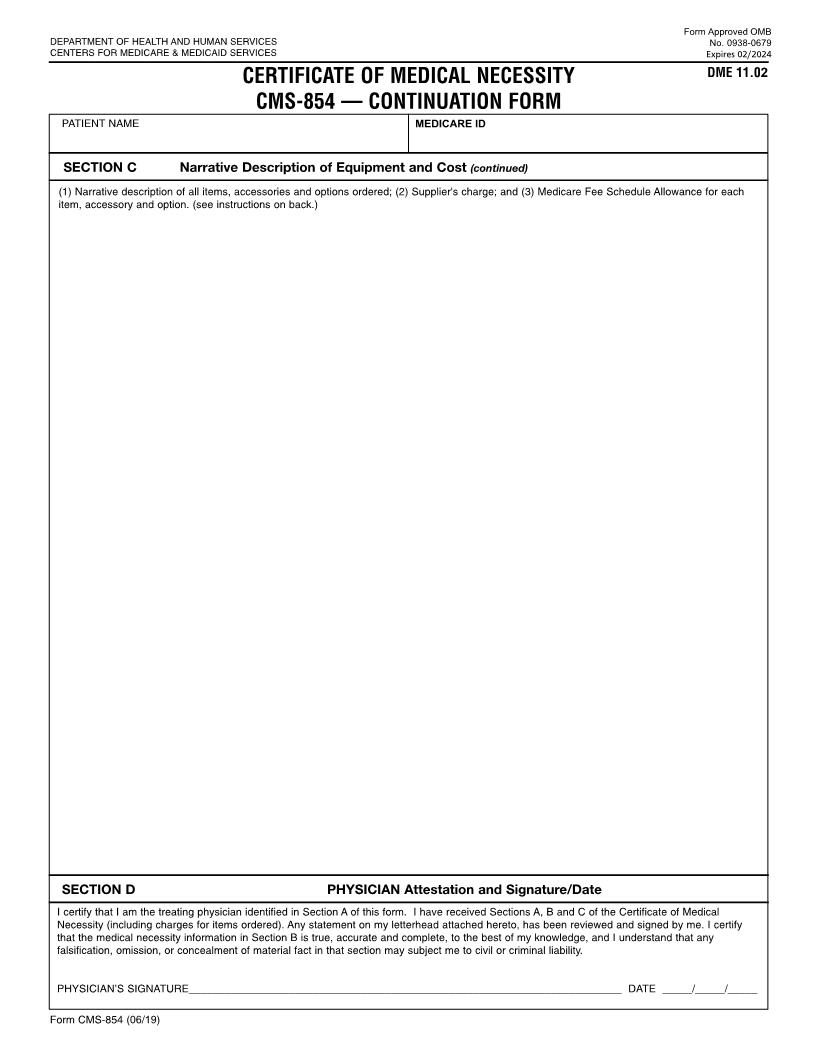 Certificate Of Medical Necessity Continuation Form {CMS-854} | Pdf Fpdf Docx | Official Federal Forms