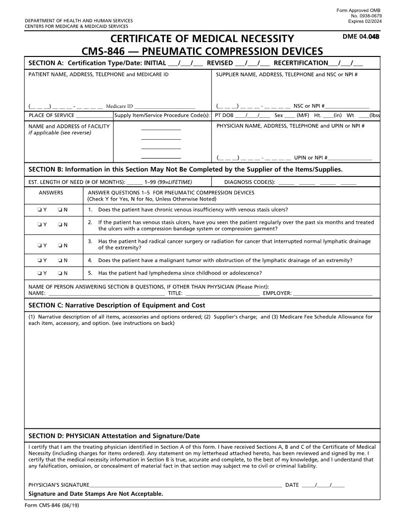 Certificate Of Medical Necessity Pneumatic Compression Devices {CMS-846} | Pdf Fpdf Docx | Official Federal Forms