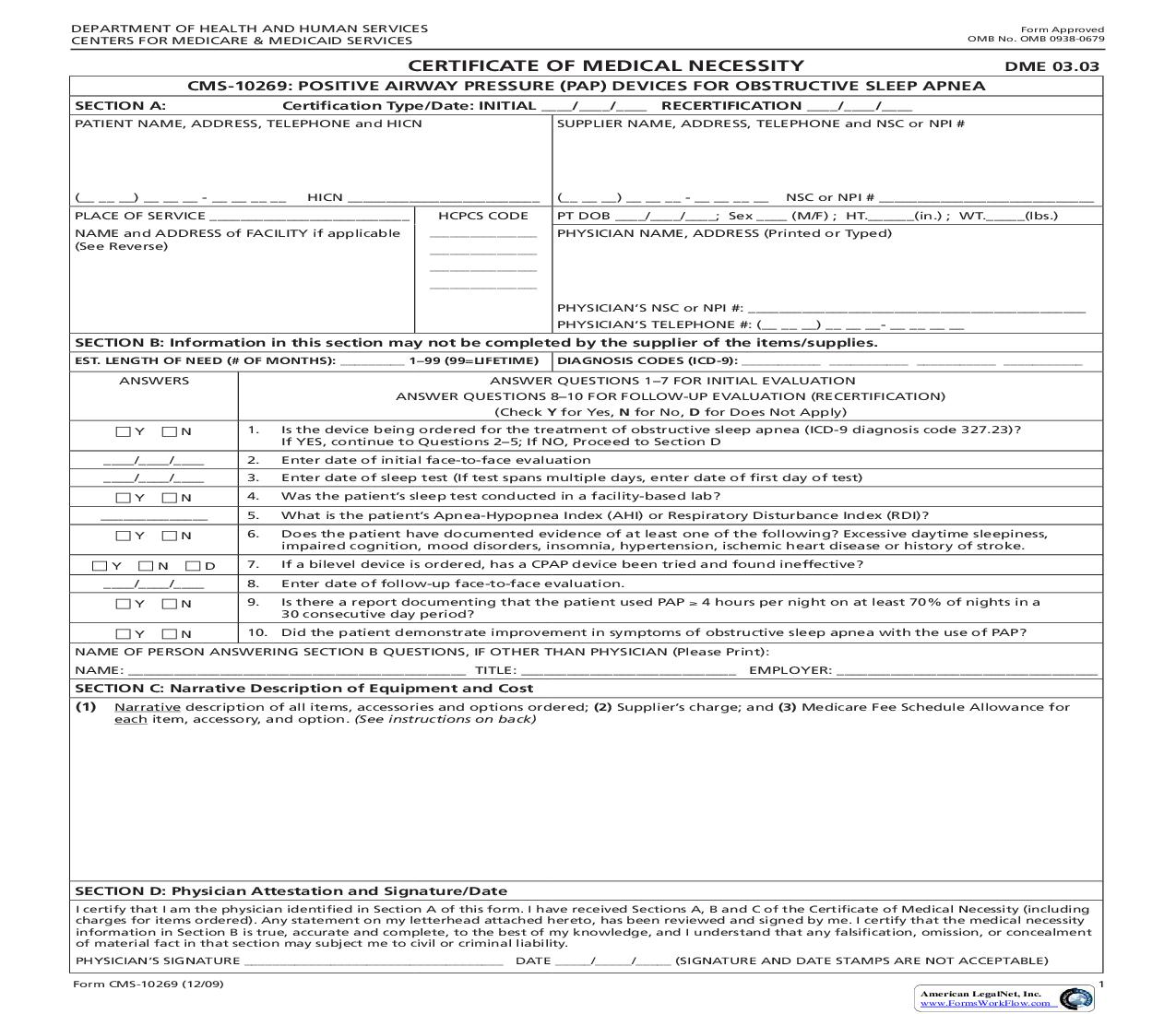 Certificate Of Medical Necessity Possitive Airway Pressure (PAP) Devices {CMS-10269} | Pdf Fpdf Doc Docx | Official Federal Forms