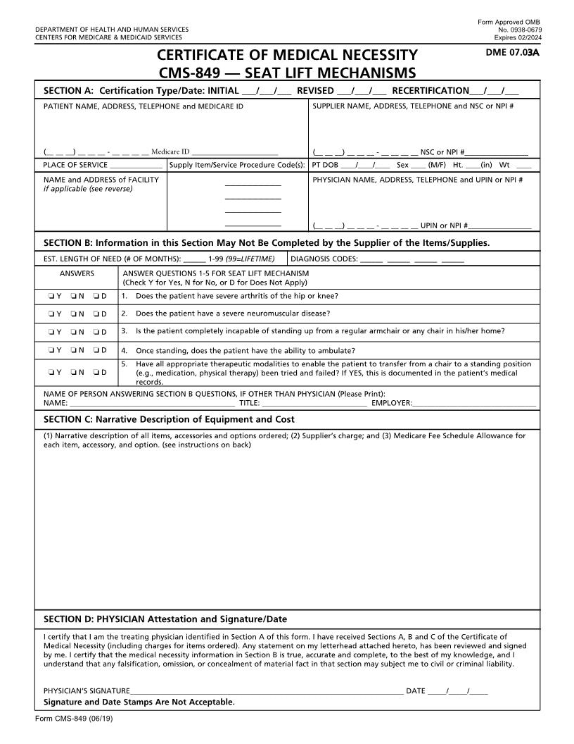 Certificate Of Medical Necessity Seat Lift Mechanisms {CMS-849} | Pdf Fpdf Docx | Official Federal Forms