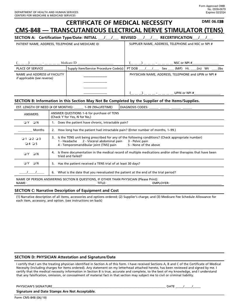 Certificate Of Medical Necessity Transcutaneous Electrical Nerve Stimulator (TENS) {CMS-848} | Pdf Fpdf Docx | Official Federal Forms