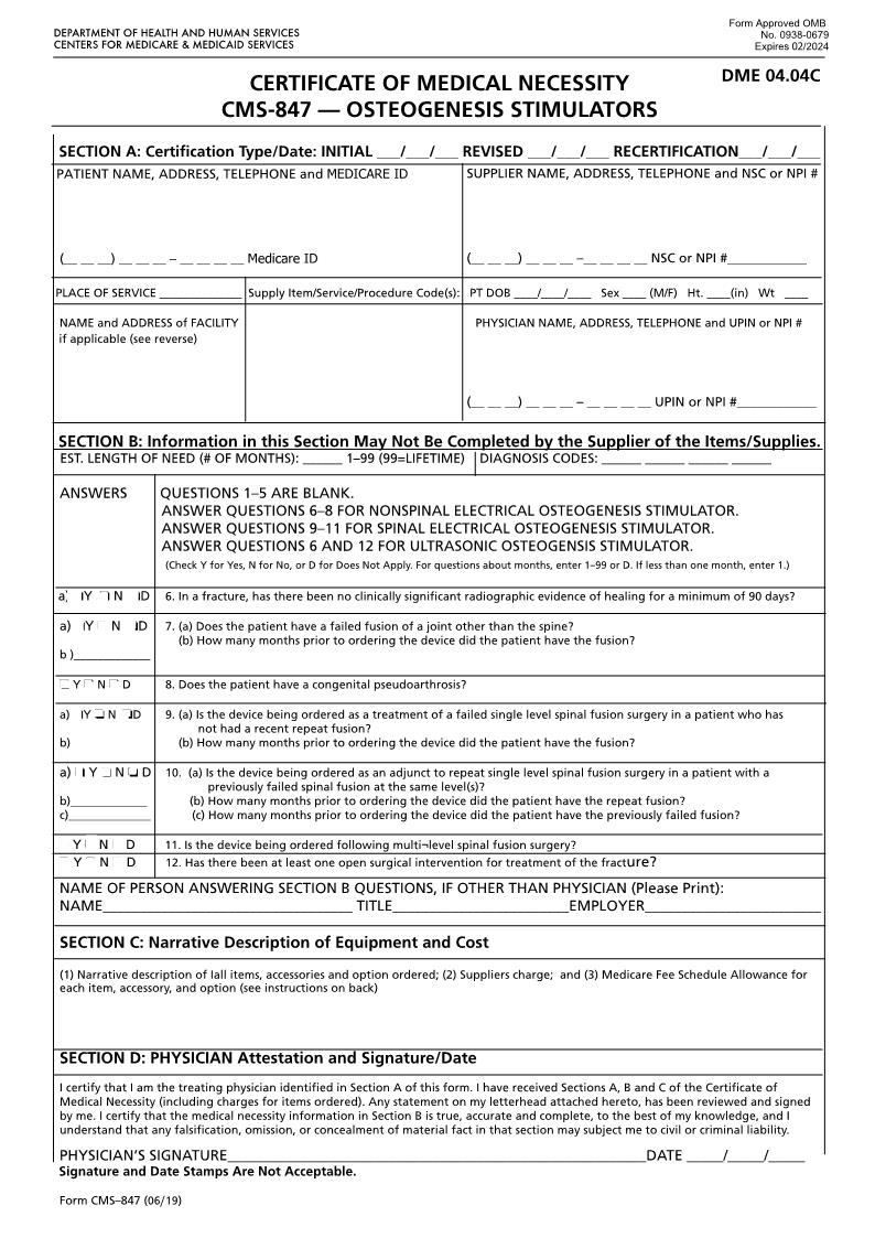 Cetificate Of Medical Necessity Osteogenesis Stimulators {CMS-847} | Pdf Fpdf Docx | Official Federal Forms