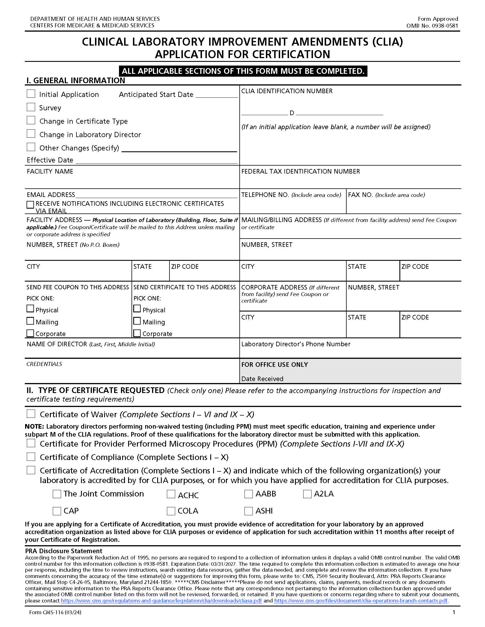 Clinical Laboratory Improvement Amendments (CLIA) Application For Certification {CMS-116} | Pdf Fpdf Docx | Official Federal Forms