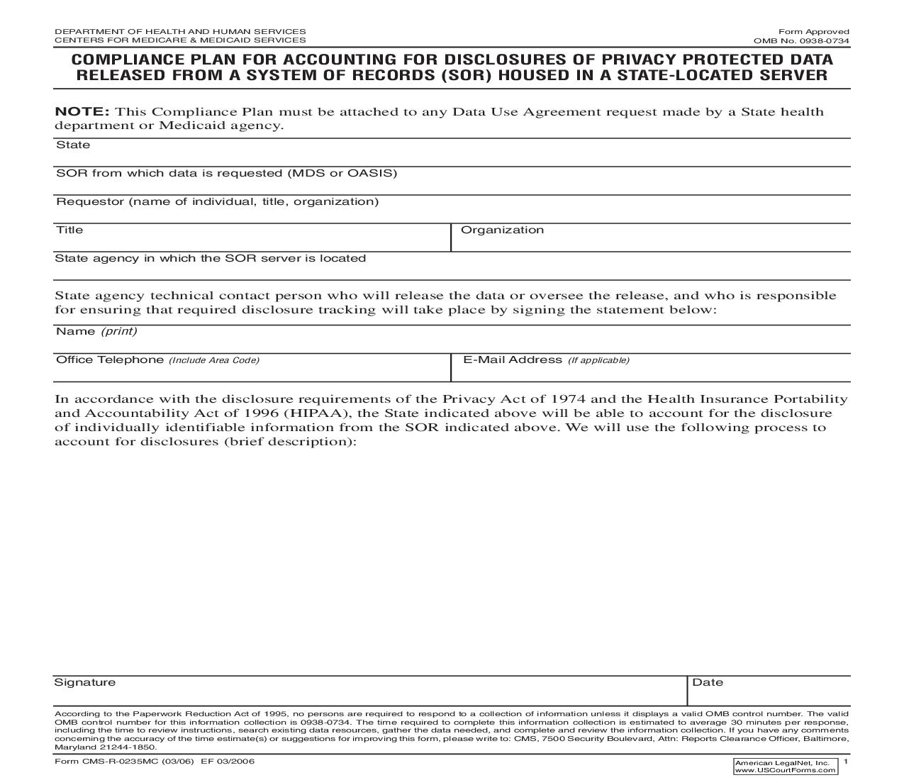 Compliance Plan For Accounting For Disclosures Of Privacy Protected Data From A System Of Records (SOR) {CMS-R-0235MC} | Pdf Fpdf Doc Docx | Official Federal Forms