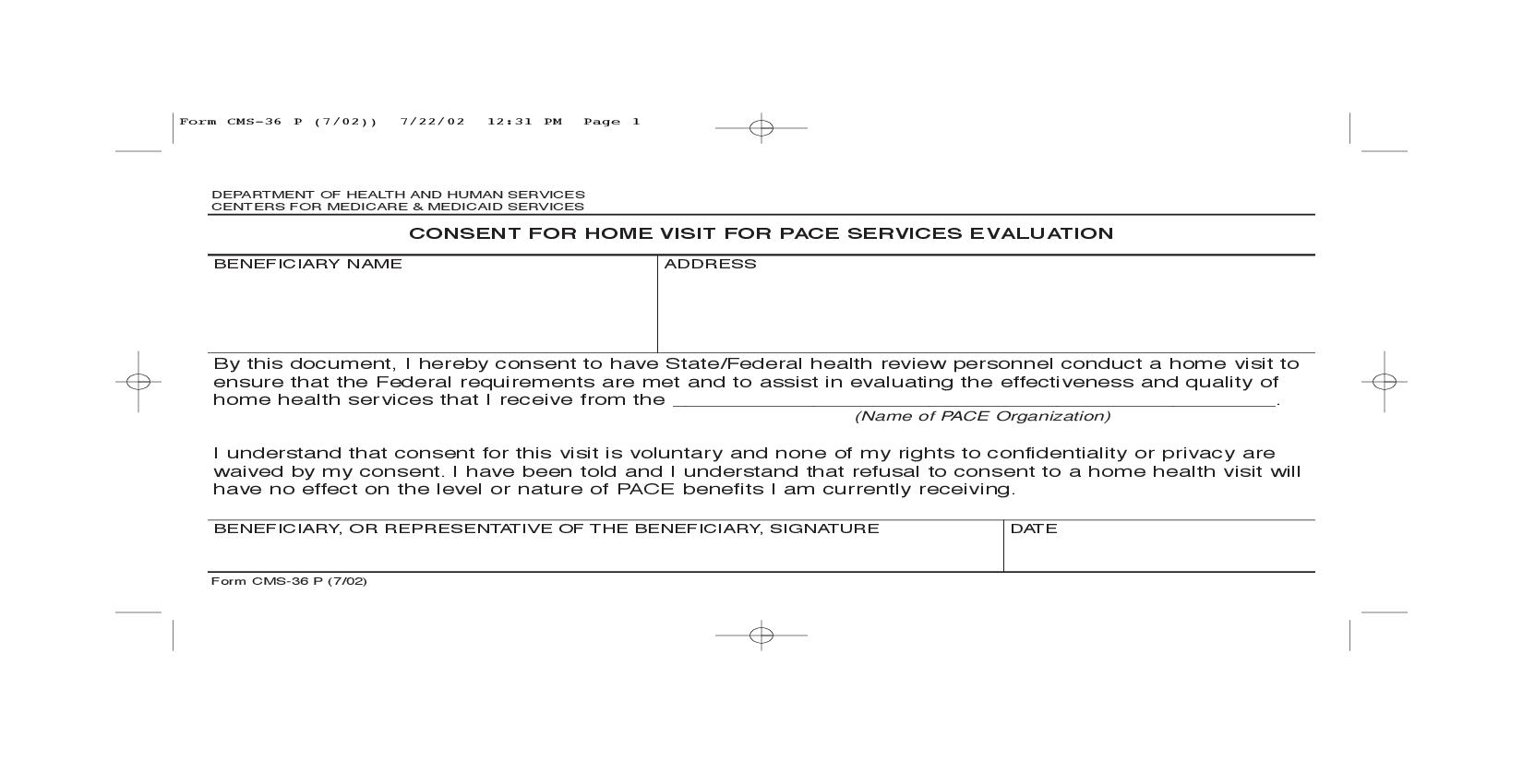 Consent For Home Visit For Pace Services Evaluation {CMS-36P} | Pdf Fpdf Doc Docx | Official Federal Forms