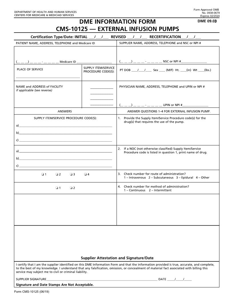DME Information Form-External Infusion Pumps DME {CMS-10125} | Pdf Fpdf Docx | Official Federal Forms