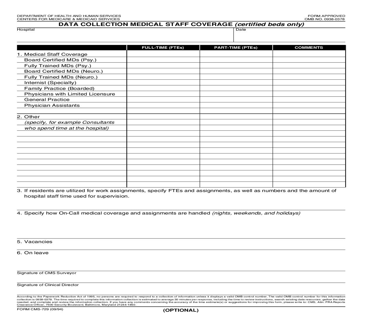 Data Collection Medical Staff Coverage {CMS-729} | Pdf Fpdf Doc Docx | Official Federal Forms
