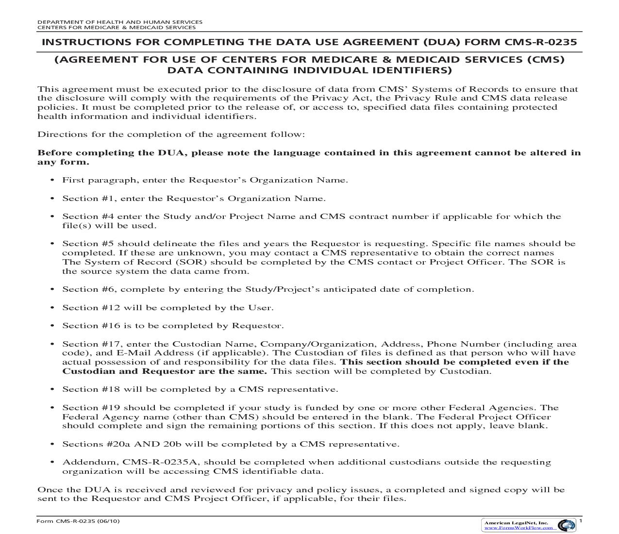 Data Use Agreement (DUA) (Data Containing Individual-Specific Information) {CMS-R-0235} | Pdf Fpdf Doc Docx | Official Federal Forms