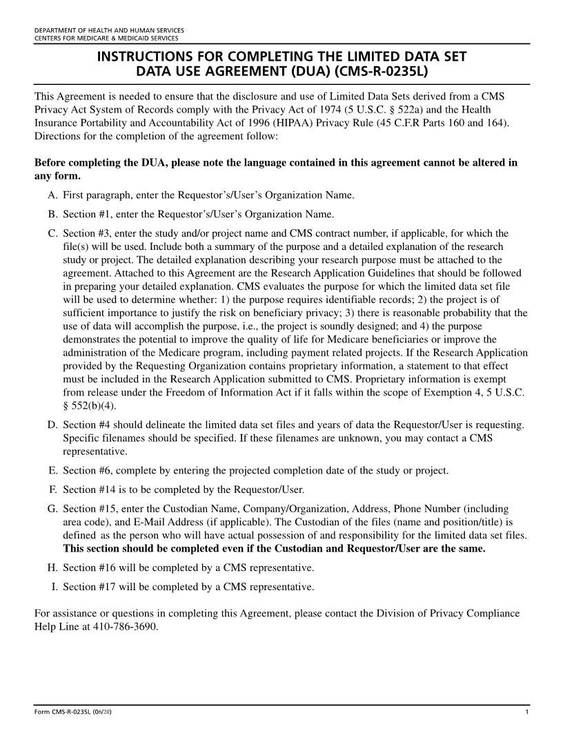 Data Use Agreement (DUA) (Limited Data Sets) {CMS-R-0235L} | Pdf Fpdf Doc Docx | Official Federal Forms