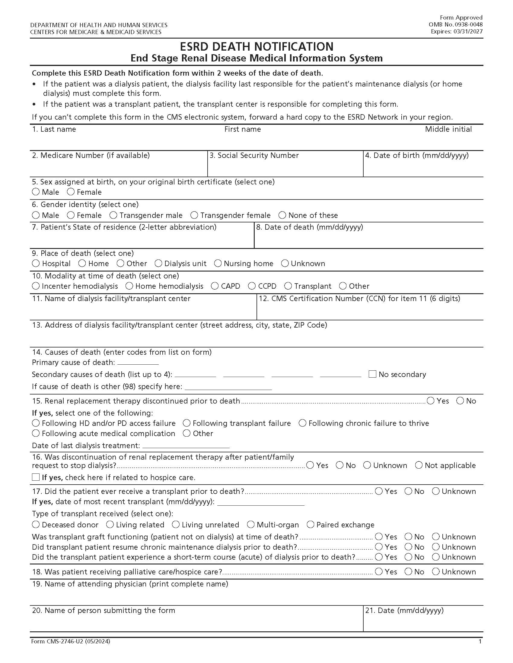 ESRD Death Notification {CMS-2746} | Pdf Fpdf Doc Docx | Official Federal Forms