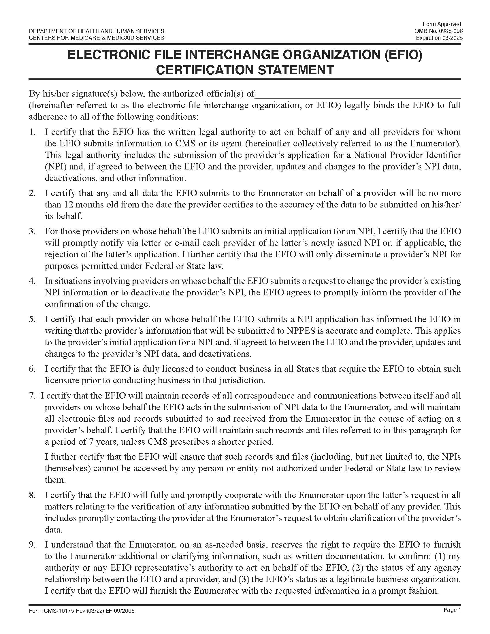 Electronic File Interchange Organization (EFIO) Certification Statement {CMS-10175} | Pdf Fpdf Docx | Official Federal Forms