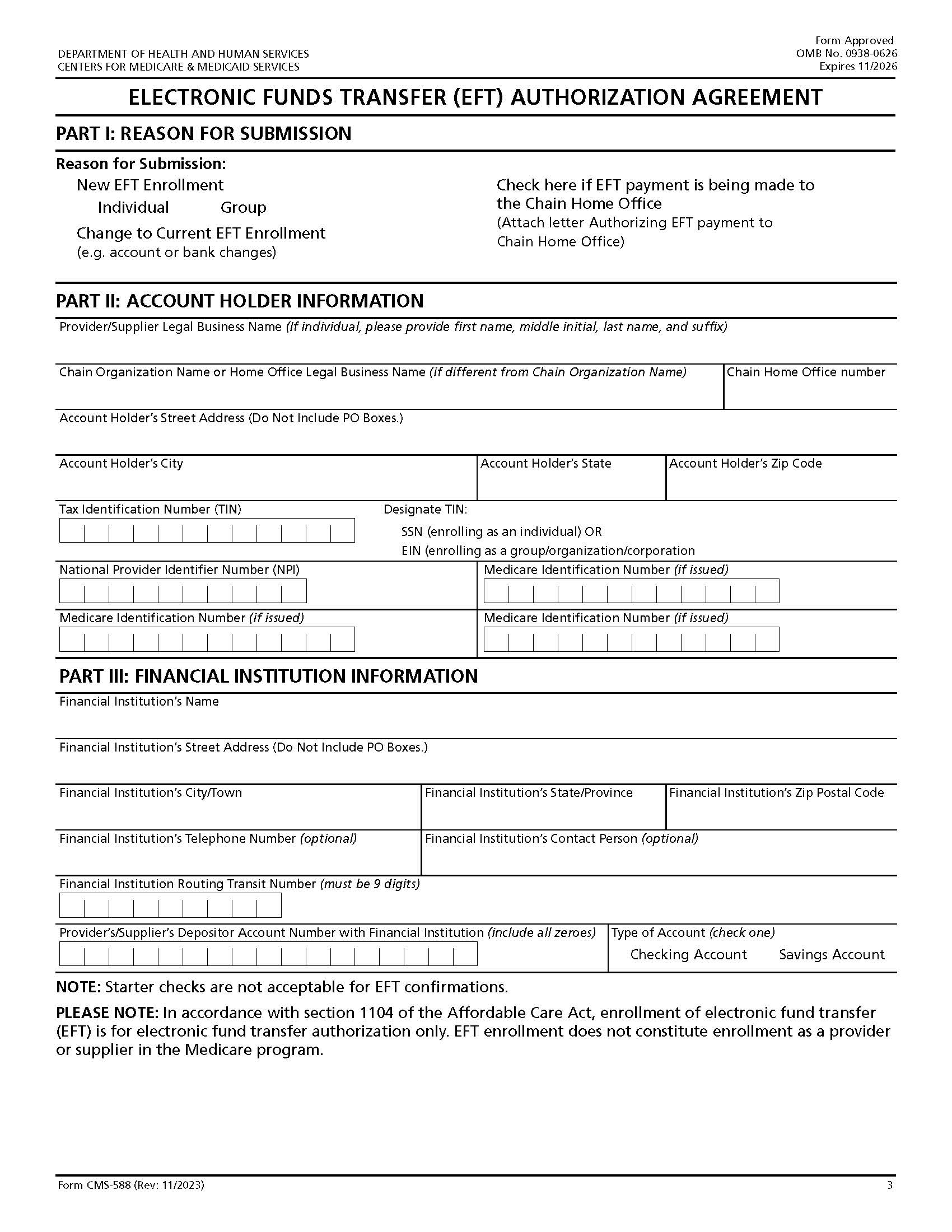 Electronic Funds Transfer (EFT) Authorization Agreement {CMS-588} | Pdf Fpdf Doc Docx | Official Federal Forms