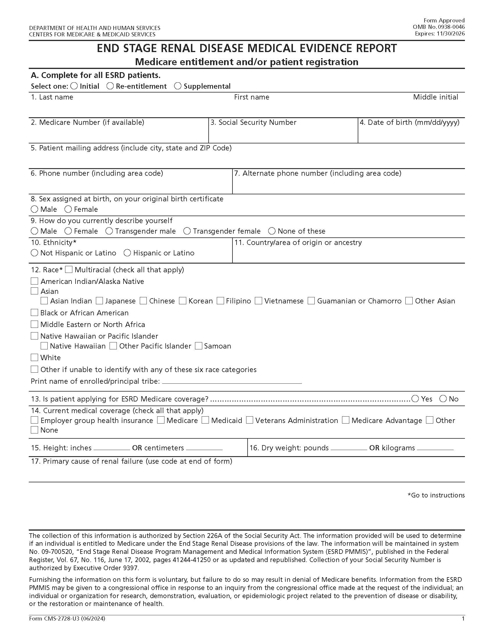 End Stage Renal Disease Medical Evidence Report Medicare Entitlement And-Or Patient Registration {CMS-2728} | Pdf Fpdf Doc Docx | Official Federal Forms